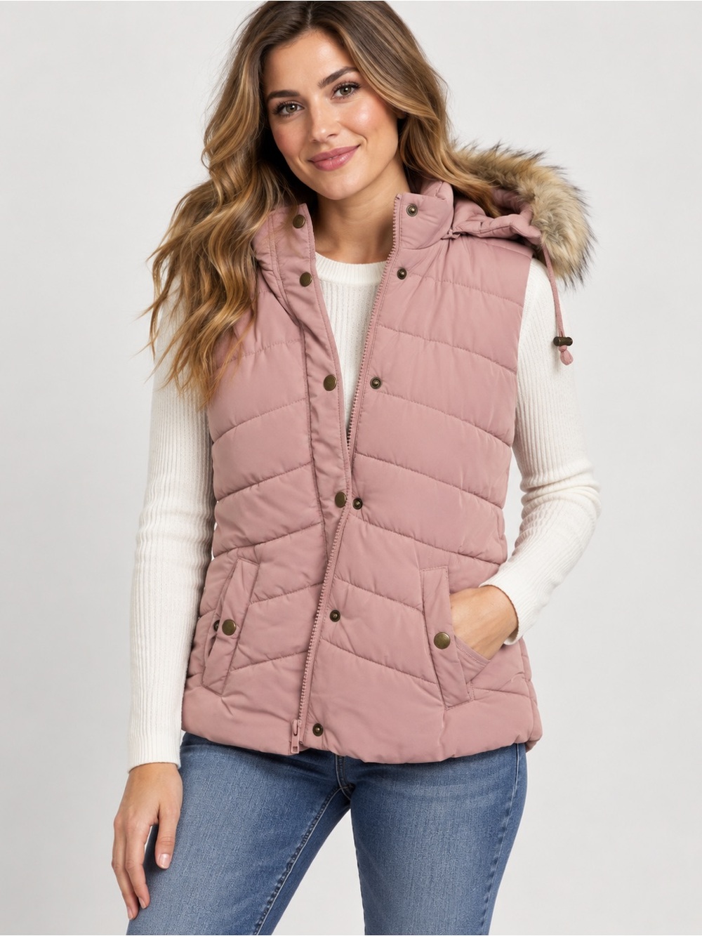 Love Tree Quilted Hooded Vest in Rose Blush with Faux Fur Trim